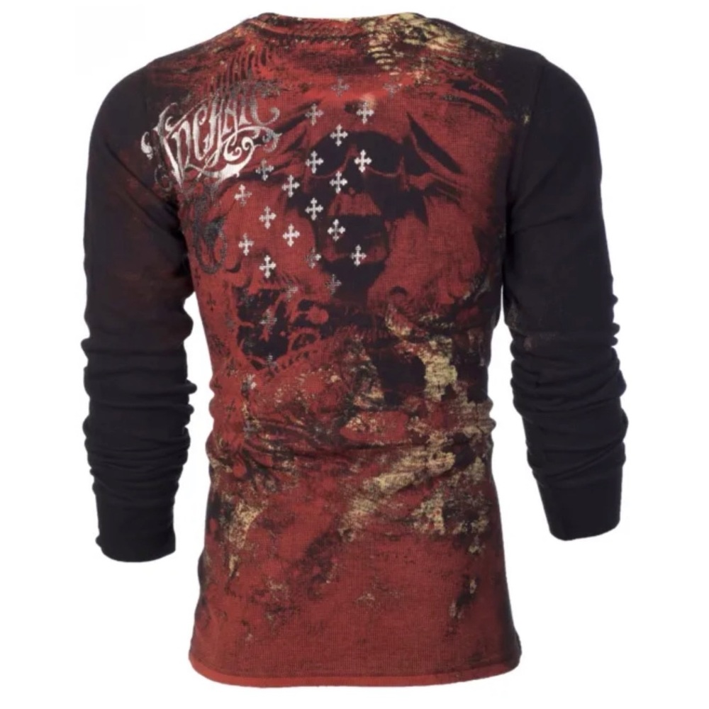 Archaic by Affliction Men's Thermal Shirt BRASS Skull Biker Black - Picture 3 of 9